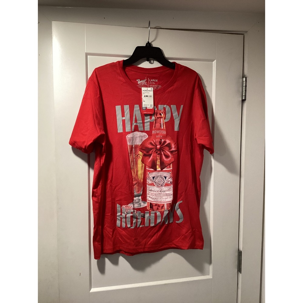 Brew‎ City Budweiser Happy Holidays Red Graphic T-Shirt Mens Large NWT